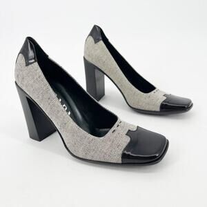 Prada Vintage 90s Black Leather Trim Gray Fabric Square Toe Block Heels IT 38